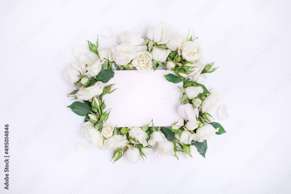 Floral roses composition with empty copy space, top view Floral roses composition with empty copy space, top view