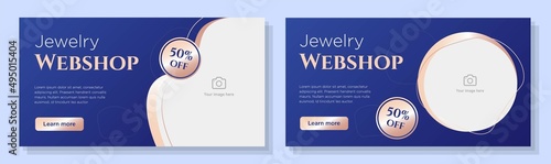 Jewelry webshop online banner template set, elegant gold fashion store corporate advertisement, horizontal ad, jewellery offer campaign webpage, flyer, creative brochure, isolated on background