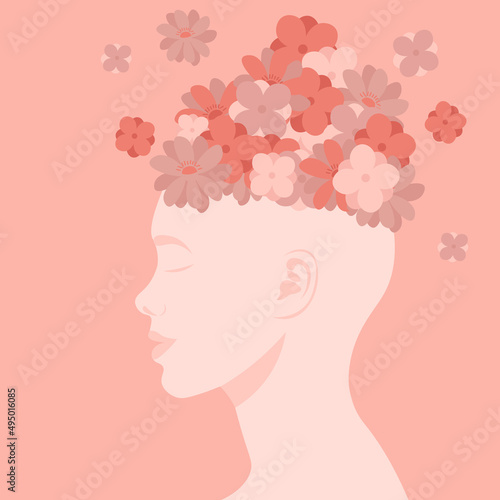 The head of a girl with flowers. A woman's face in profile. Psychological health, positive thinking, taking care of your mental state. Good kind thoughts. Flat vector illustration. Metaphor
