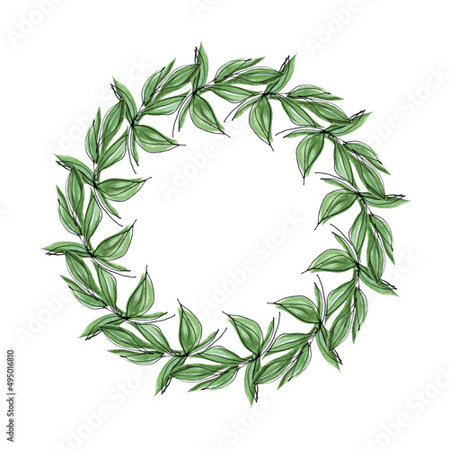 Fototapeta Naklejka Na Ścianę i Meble -  Botanical frame, framing with branches in a circle. A wreath of green branches with leaves, laconic, a combination of watercolor and linear style. For the design of printed products.