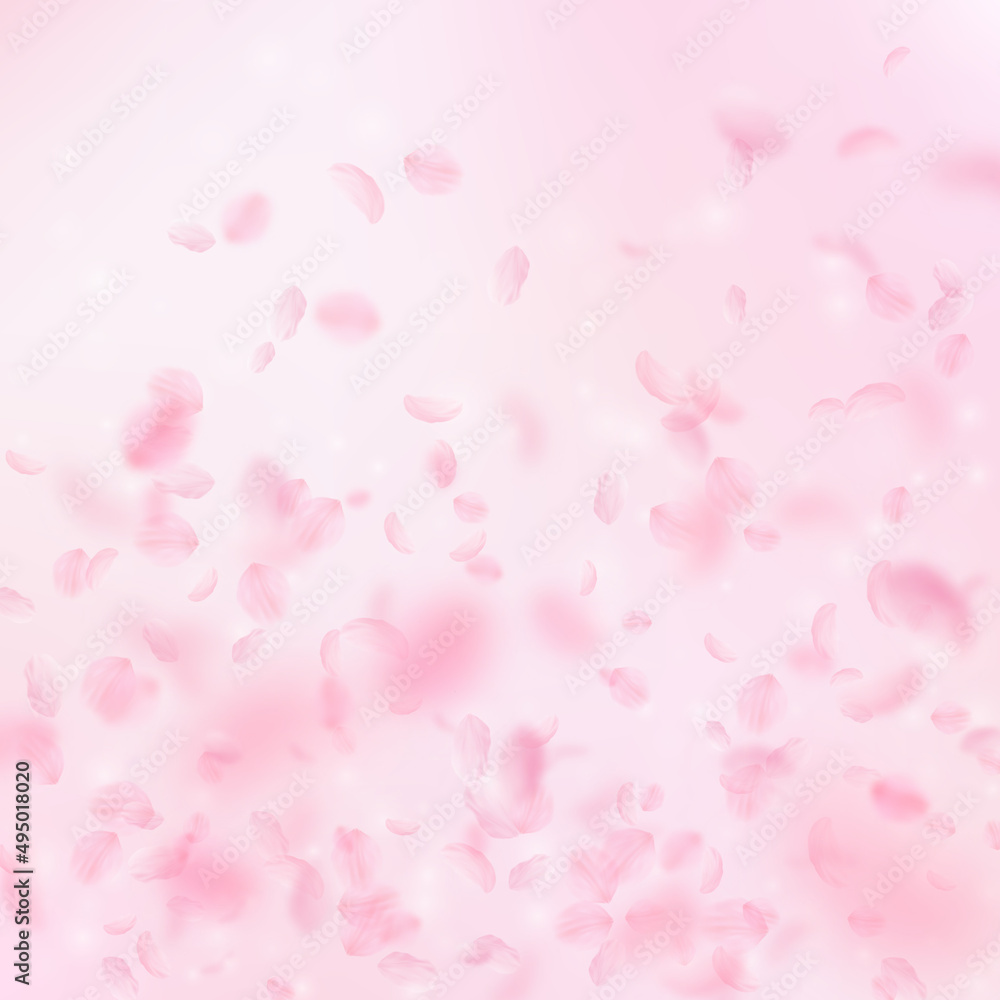 Sakura petals falling down. Romantic pink flowers gradient. Flying petals on pink square background. Love, romance concept. Dazzling wedding invitation.
