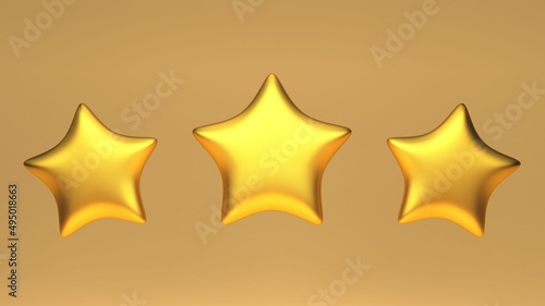 3d rendering of three gold stars. Customer satisfaction review service. Best quality or best success score icon. 3d illustration with gold colored background.
