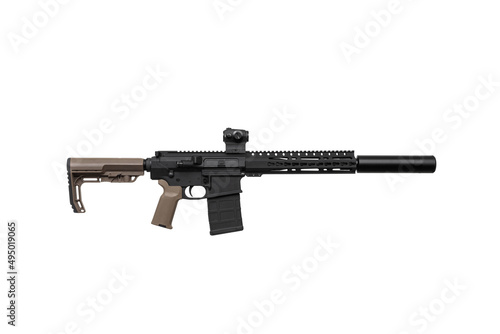 Modern automatic rifle isolated on white background. Weapons for police, special forces and the army. A carbine with red dot sight and silencer on a white back.