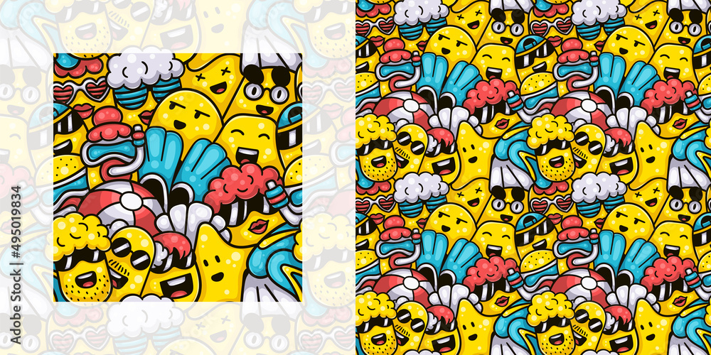 Cute monsters at the summer beach seamless doodle pattern | Pattern swatch included Cute monsters at the summer beach seamless doodle pattern | Pattern swatch included