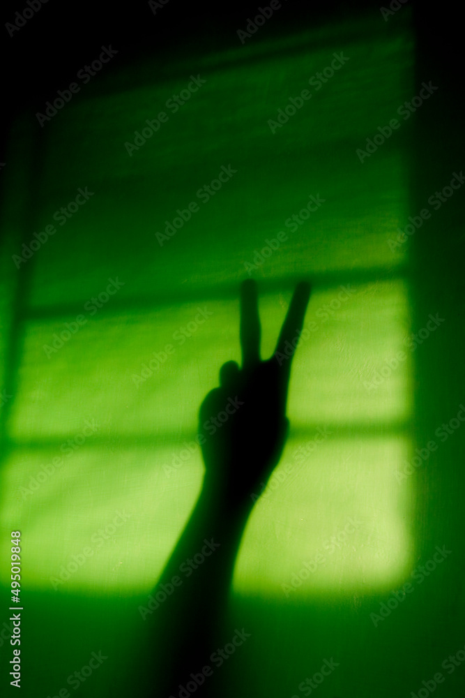 silhouette of a hand on a green background. Shadow of hand showing peace sign on wall. silhouette of a hand on a green background. Shadow of hand showing peace sign on wall.