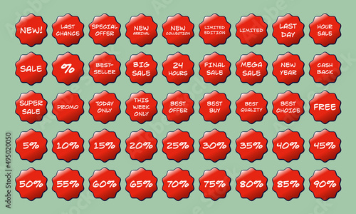 Sale Labels Tags Stickers Shop eShop Web Store Icons Offer Badge Banners Retail Deals Promotion Price Discount Cartoony Comic Vector Set Collection Red All Percentage Promo Deal  Funny Sketchy Retro