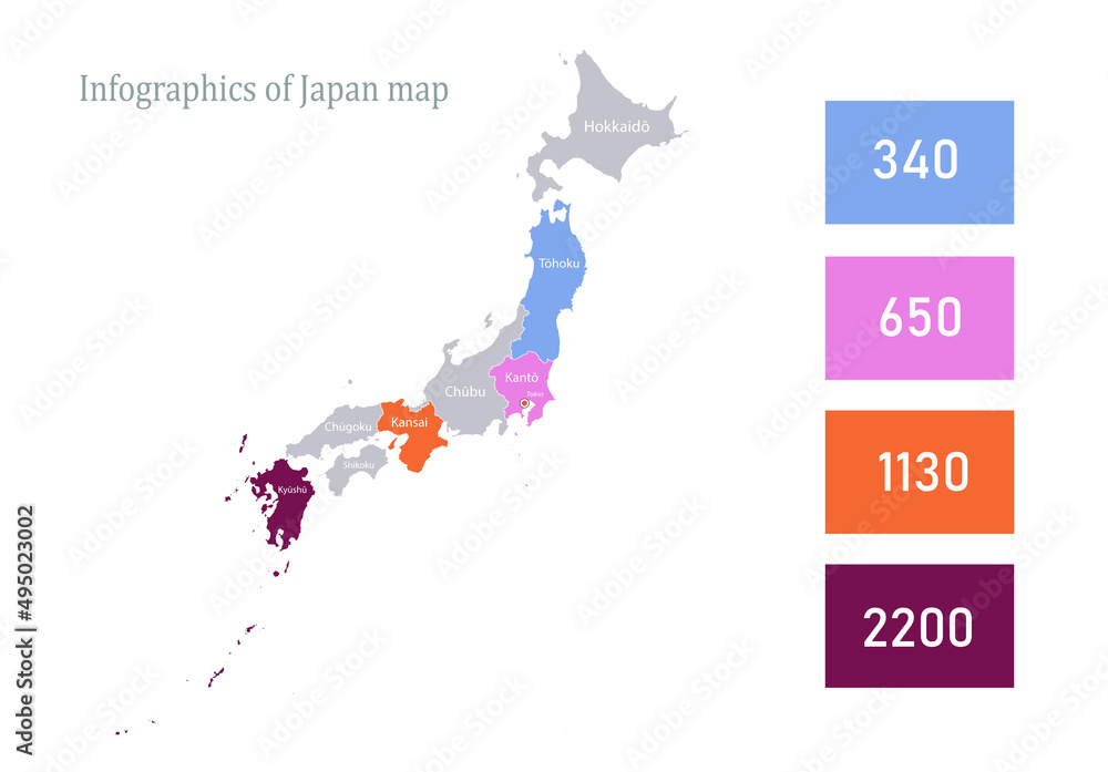 Infographics of Japan map, individual region vector