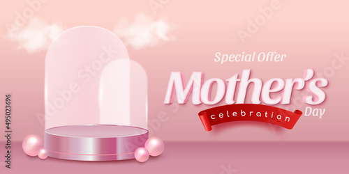 Realistic banner promotion with podium for product space in mother's day celebration