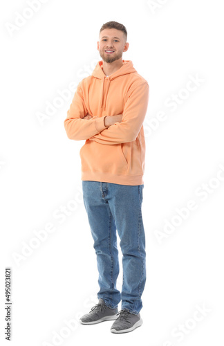 Young guy in stylish hoodie on white background