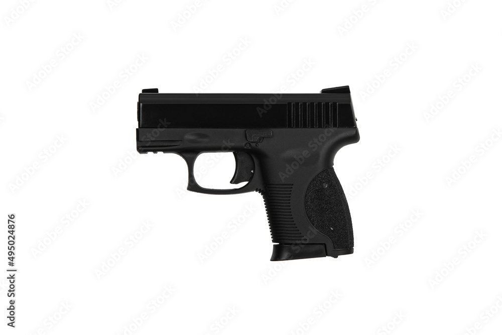 Modern small semi-automatic pistol. A short-barreled weapon for self-defense. Isolate on a white back.