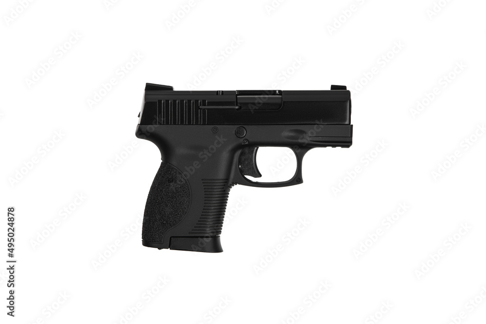 Modern small semi-automatic pistol. A short-barreled weapon for self-defense. Isolate on a white back.