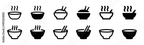 Bowl icon set collection in black design. Containing rice in bowl, hot soup icon.