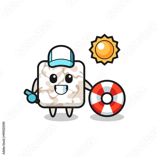 Cartoon mascot of ceramic tile as a beach guard