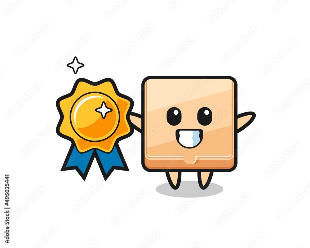 pizza box mascot illustration holding a golden badge