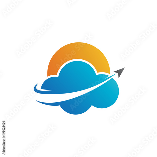 Flying Plane with Cloud and Sun as Background Logo Vector