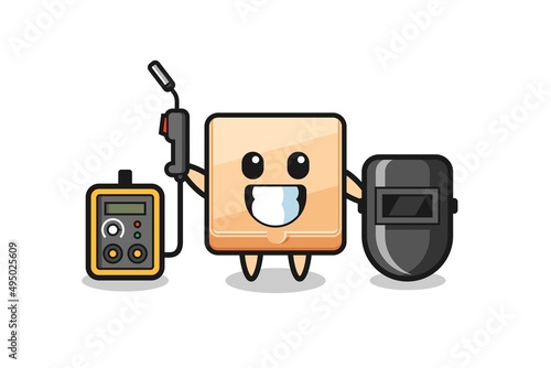 Character mascot of pizza box as a welder