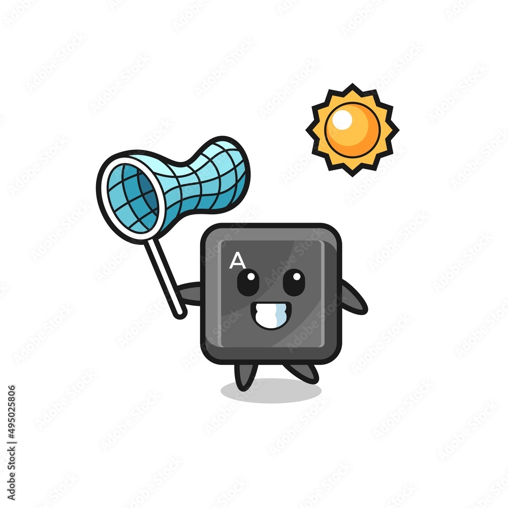 keyboard button mascot illustration is catching butterfly keyboard button mascot illustration is catching butterfly