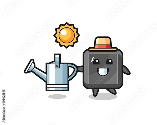 Cartoon character of keyboard button holding watering can