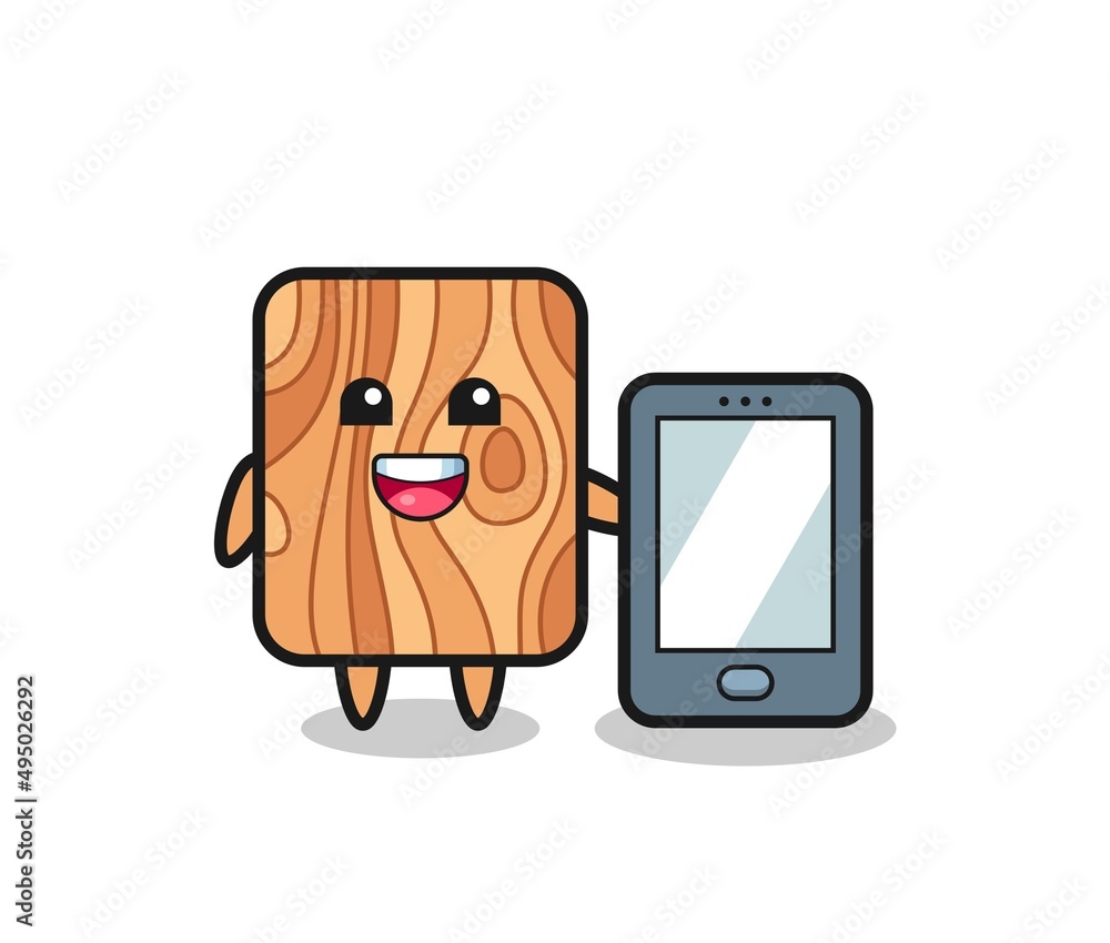 plank wood illustration cartoon holding a smartphone