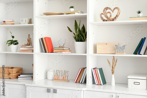 Shelf unit with beautiful decor in room © Pixel-Shot