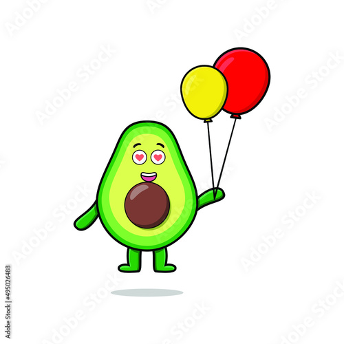 Cute cartoon avocado floating with balloon cartoon vector illustration in concept 3d cartoon style