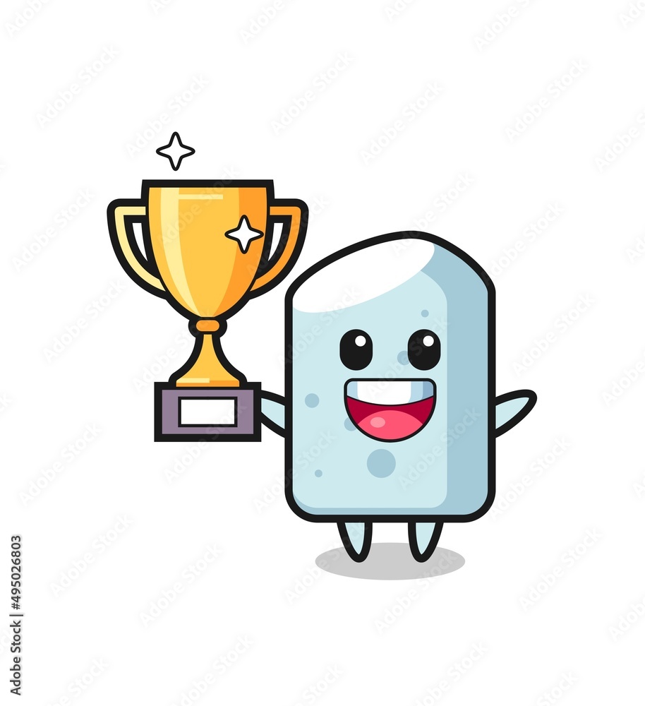 Cartoon Illustration of chalk is happy holding up the golden trophy
