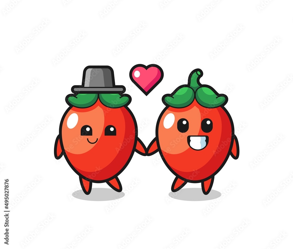 chili pepper cartoon character couple with fall in love gesture