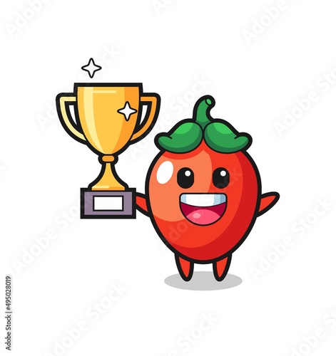 Cartoon Illustration of chili pepper is happy holding up the golden trophy