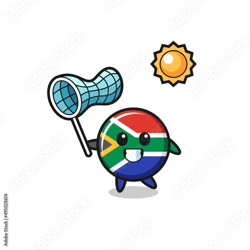 south africa mascot illustration is catching butterfly