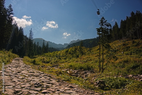 stone path in the mountains, cable car in the mountains
