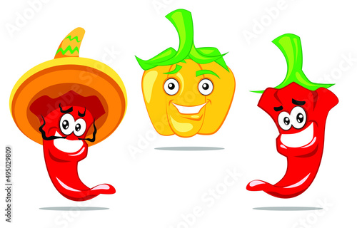 Cartoon character pepper set, isolated vector