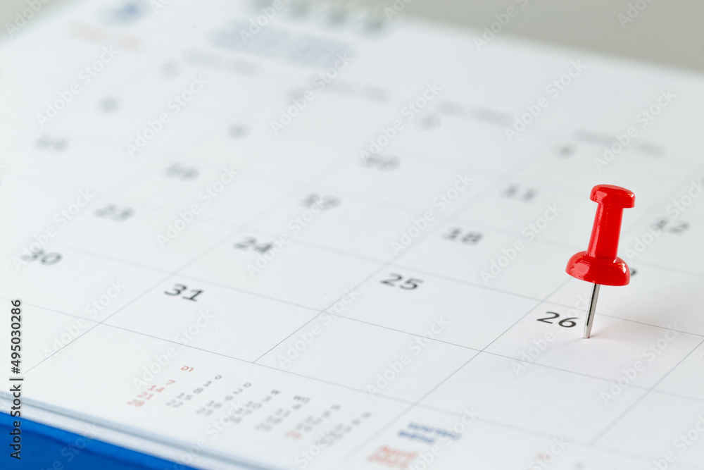 Thumbtack in calendar concept for busy, appointment and meeting reminder, planning for business meeting or travel planning concept. Thumbtack in calendar concept for busy, appointment and meeting reminder, planning for business meeting or travel planning concept.