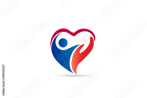 Logo hand care people inside of a love heart identity id business card vector image design