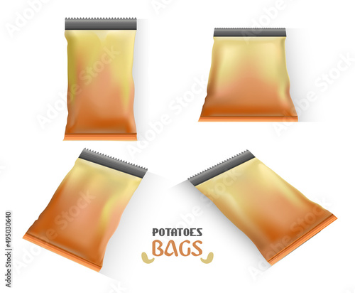 Mockup Of A Bag Of Potatoes, 4 Views. Unbranded Spicy Potato Bags