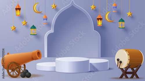 Islamic display podium decoration background with islamic ornament. Vector 3D Illustration