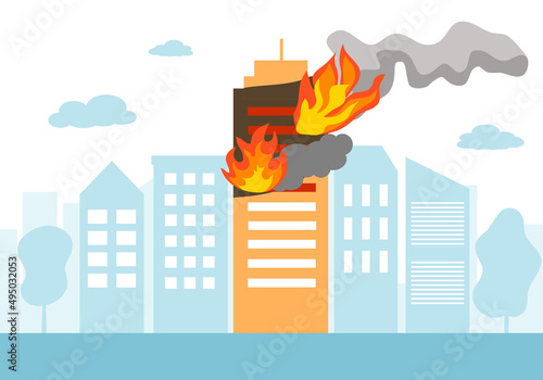 Fire burning tower of apartment building. Orange flames in the windows and smoke . Building fire flat design vector illustration.
