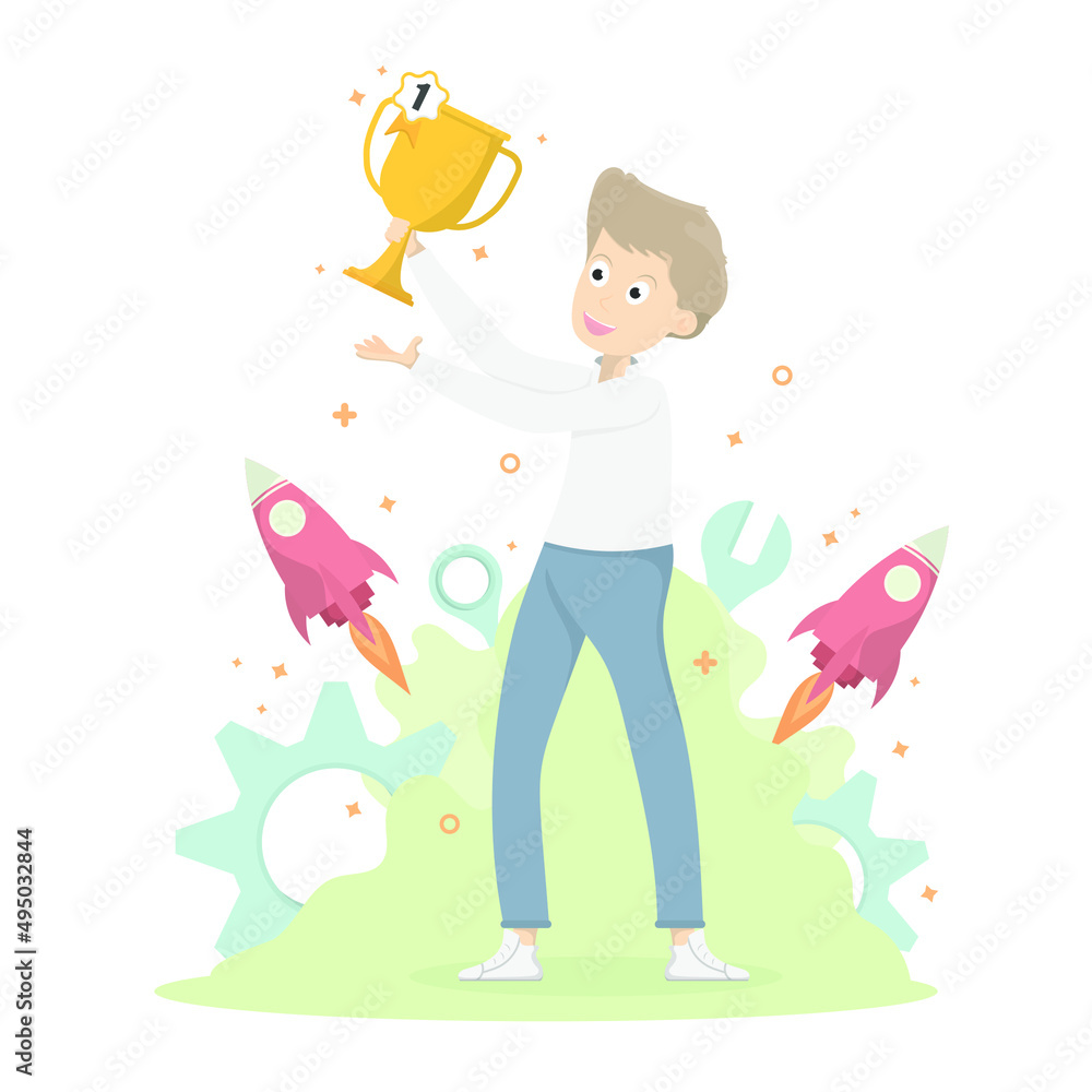 Vector creative young man design, Young man hold winner trophy with gear, wrench and rocket is elements. Vector creative young man design, Young man hold winner trophy with gear, wrench and rocket is elements.