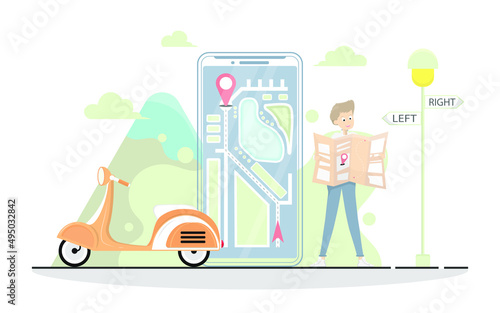 Vector creative young man design, Young man holding paper map with navigation smartphone, Scooter drive travel concept.