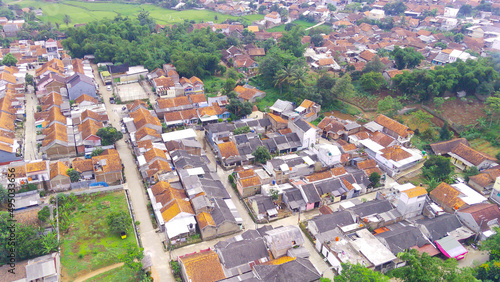 Abstract Defocused aerial view of densely populated housing in the Cikancung area, Indonesia