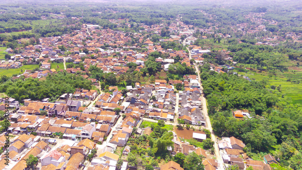 Abstract Defocused aerial view of densely populated housing in the Cikancung area, Indonesia