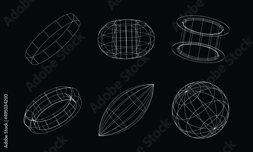 Abstract wireframe 80s style. Retro futuristic grid illustration. Technology design graphic element. Pack of cyberpunk design style in vector.