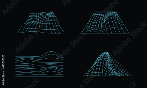 Abstract wireframe 80s style. Retro futuristic grid illustration. Technology design graphic element. Pack of cyberpunk design style in vector.