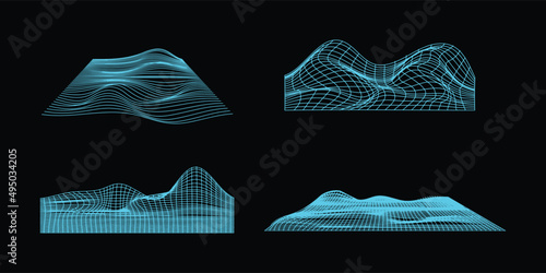 Abstract wireframe 80s style. Retro futuristic grid illustration. Technology design graphic element. Pack of cyberpunk design style in vector.