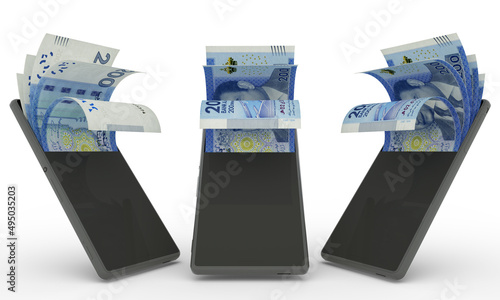 Moroccan dirham notes inside a mobile phone. money coming out of mobile phone. 3d rendering of set of mobile money transaction concept. money from Phone photo