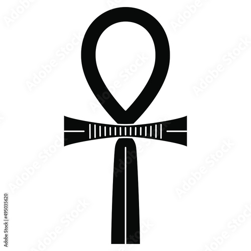 Ankh cross. Key of life. Ancient Egyptian sacred symbol. Black and white negative silhouette.