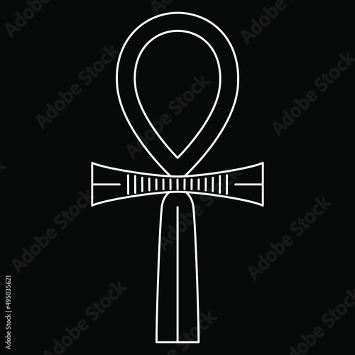 Ankh cross. Key of life. Ancient Egyptian sacred symbol. White linear silhouette on black background.
