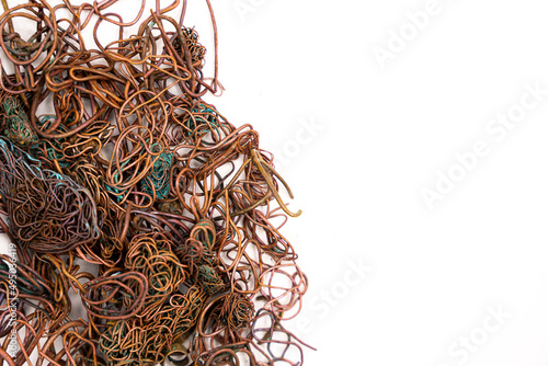 Burned copper wire isolated on white background.