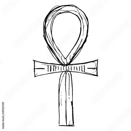 Ankh cross. Key of life. Ancient Egyptian sacred symbol. Hand drawn linear doodle rough sketch. Black silhouette on white background.