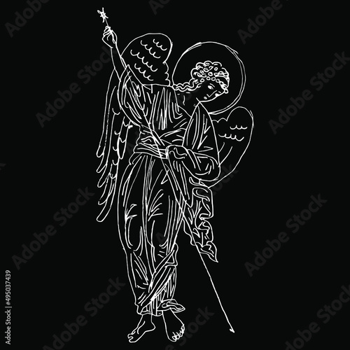 Winged medieval angel with spear. Russian Orthodox Christian design. Hand drawn linear doodle rough sketch. White silhouette on black background.