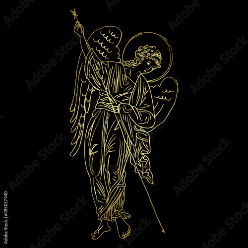 Winged medieval angel with spear. Russian Orthodox Christian design. Hand drawn linear doodle rough sketch. Gold silhouette on black background.